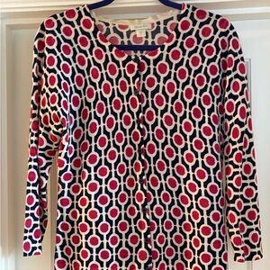 Garnet Hill Pink and Navy Patterned Merino Wool Cardigan